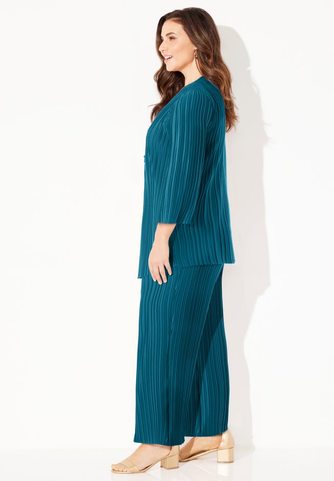 Shiny Pleated Knit 3-Piece Pant Set image number 2