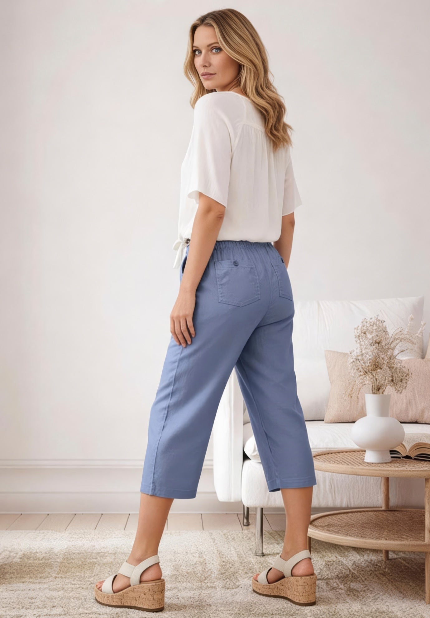 Linen-Blend Drawstring Elastic Waist Relaxed Fit Capris image number 1