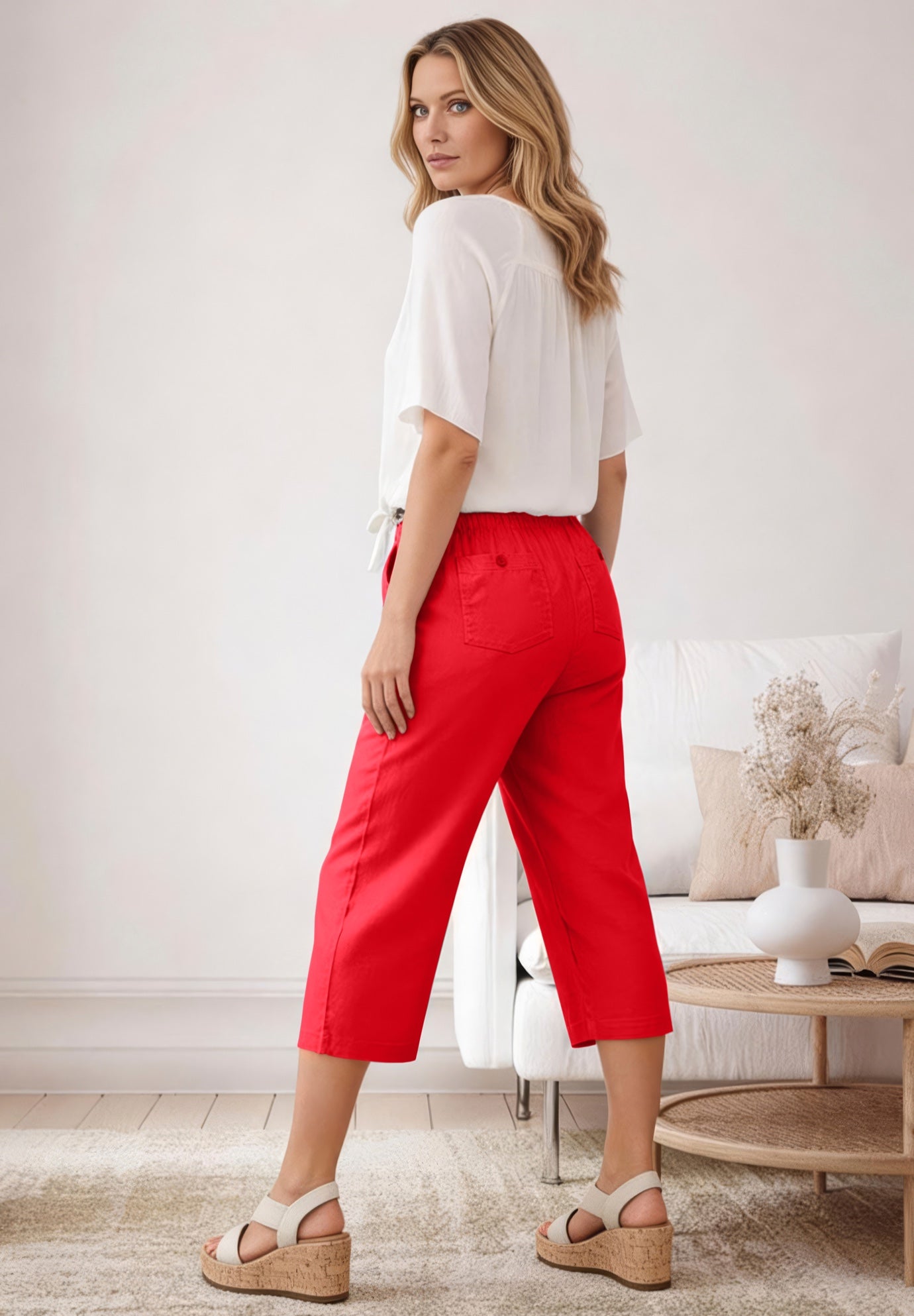 Linen-Blend Drawstring Elastic Waist Relaxed Fit Capris image number 1