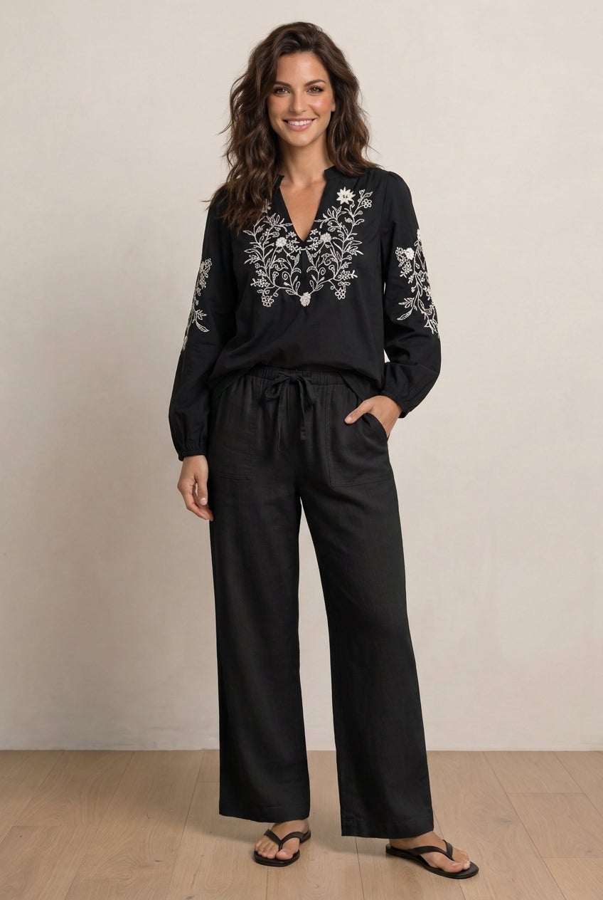 Linen-Blend Elastic Waist Drawstring Relaxed Pant image number 7
