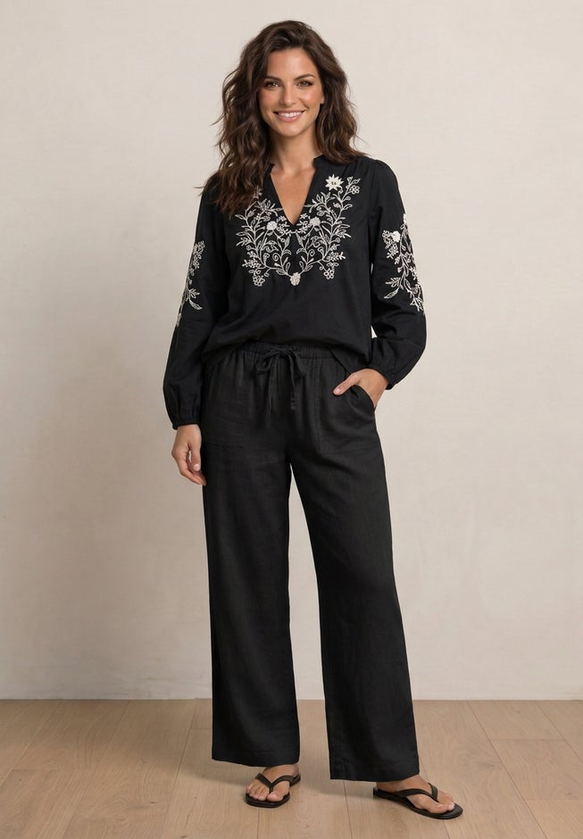 Linen-Blend Elastic Waist Drawstring Relaxed Pant image number 7