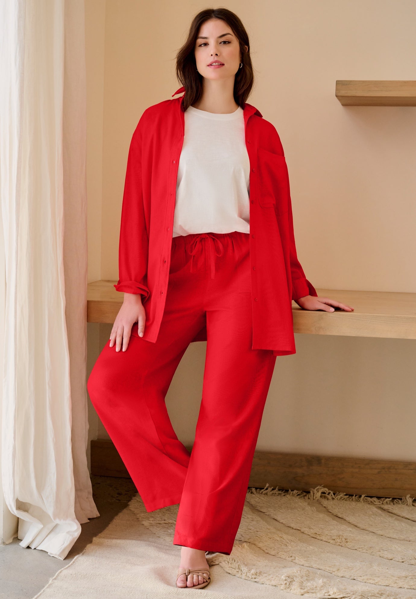 Linen-Blend Elastic Waist Drawstring Relaxed Pant image number 0