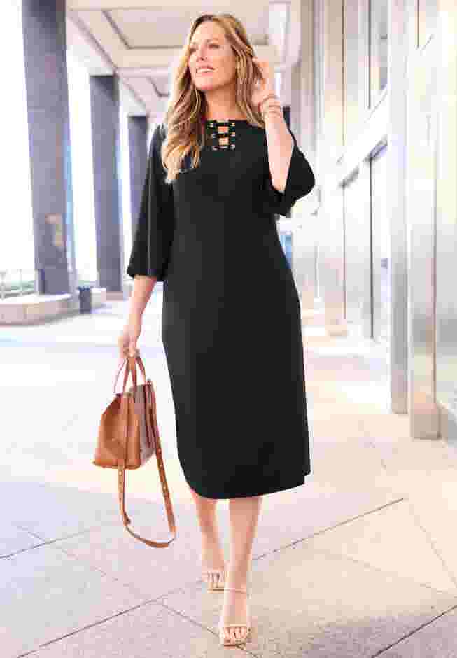 Bell-Sleeve Lace-Up Shift Dress image number 0