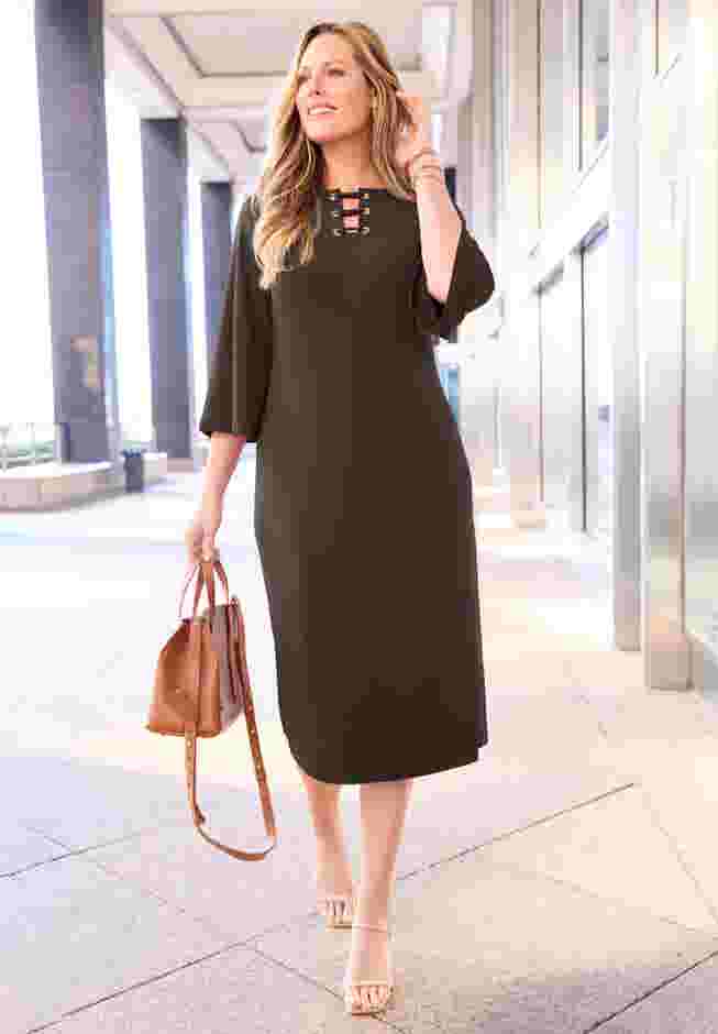 Bell-Sleeve Lace-Up Shift Dress image number 0