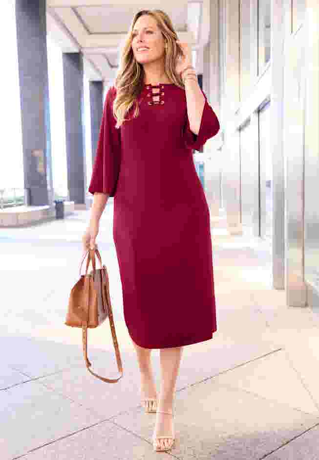 Bell-Sleeve Lace-Up Shift Dress image number 4