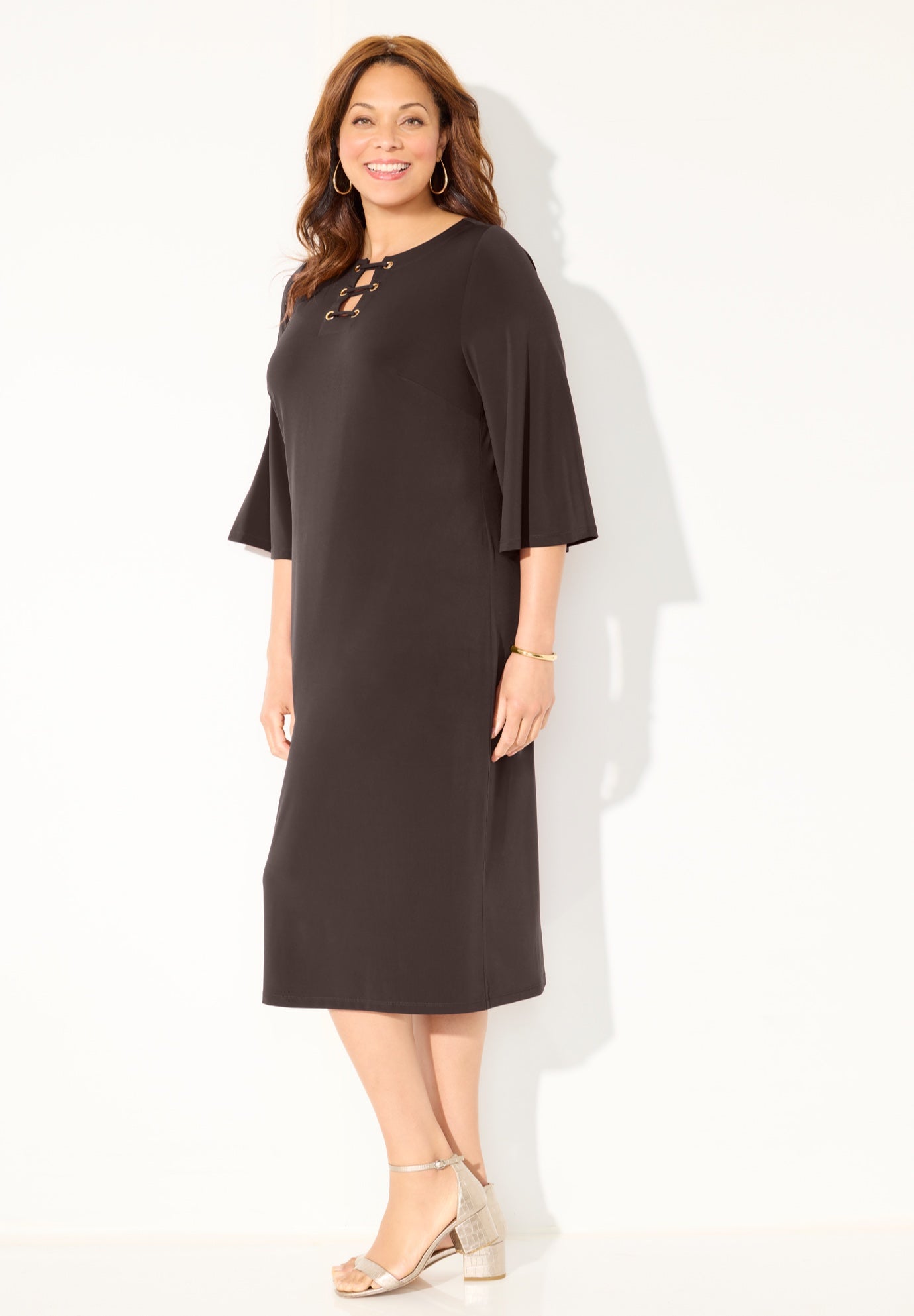 Bell-Sleeve Lace-Up Shift Dress image number 2