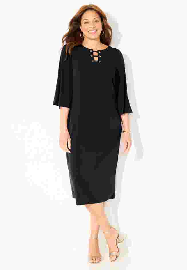 Bell-Sleeve Lace-Up Shift Dress image number 1