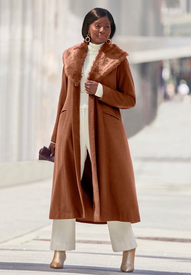 Long Wool-Blend Coat with Faux Fur Collar image number 1