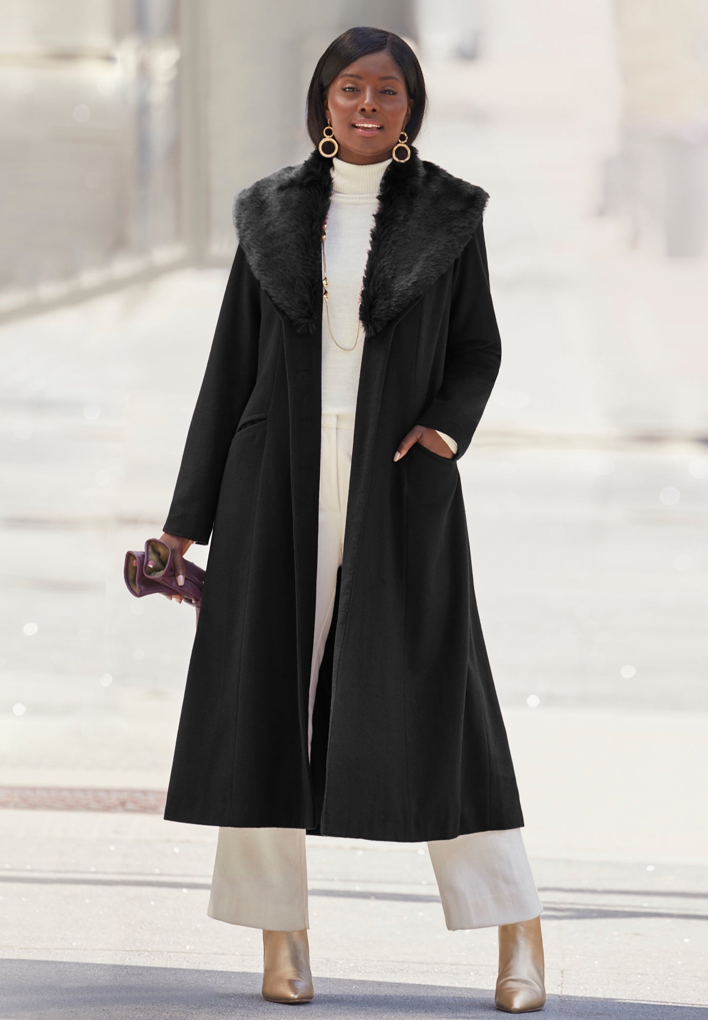 Long Wool-Blend Coat with Faux Fur Collar image number 0