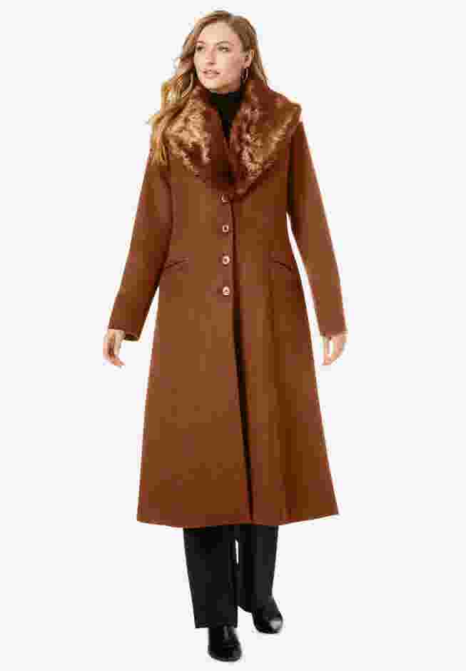 Long Wool-Blend Coat with Faux Fur Collar image number 0