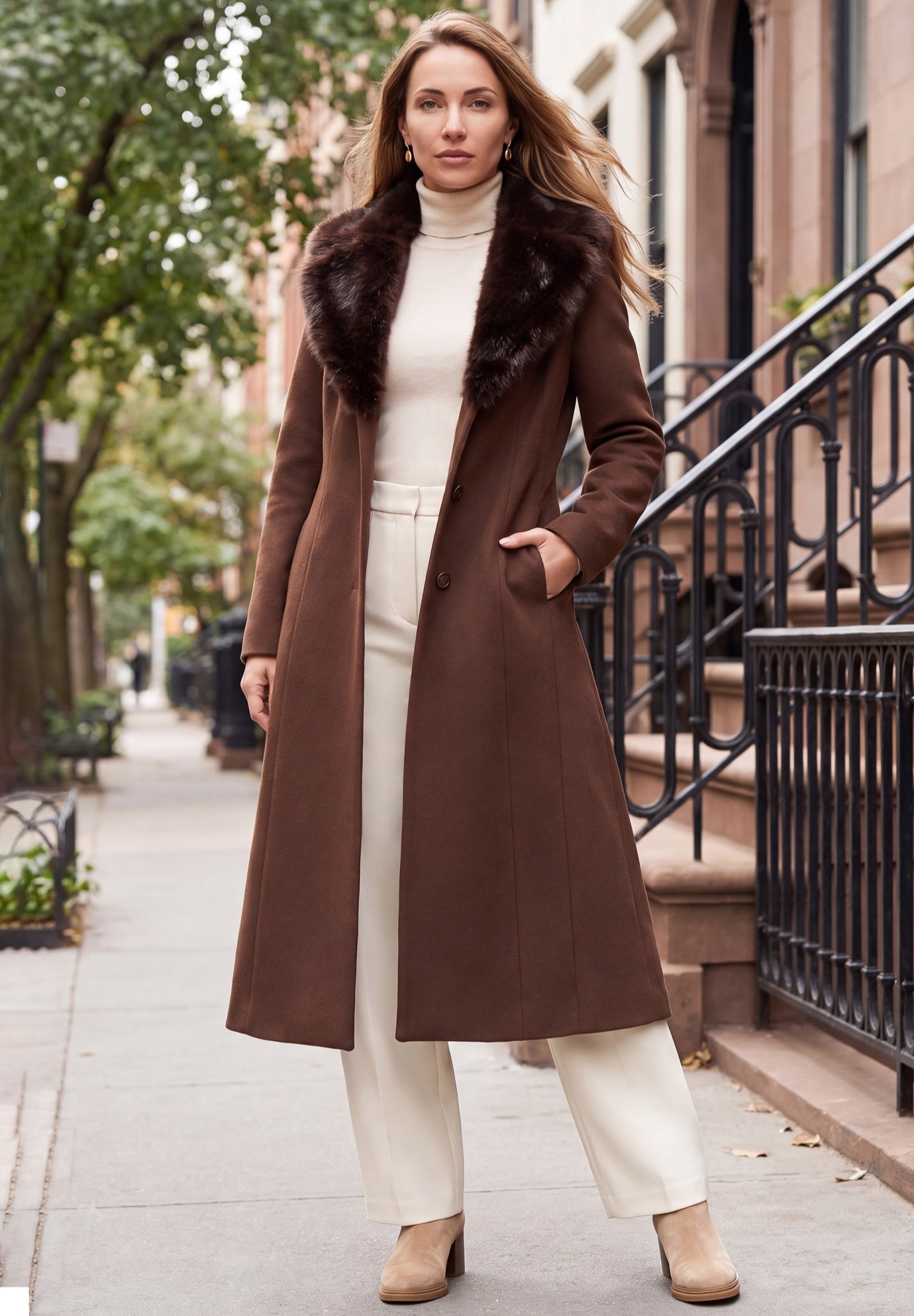 Long Wool-Blend Coat with Faux Fur Collar image number 0