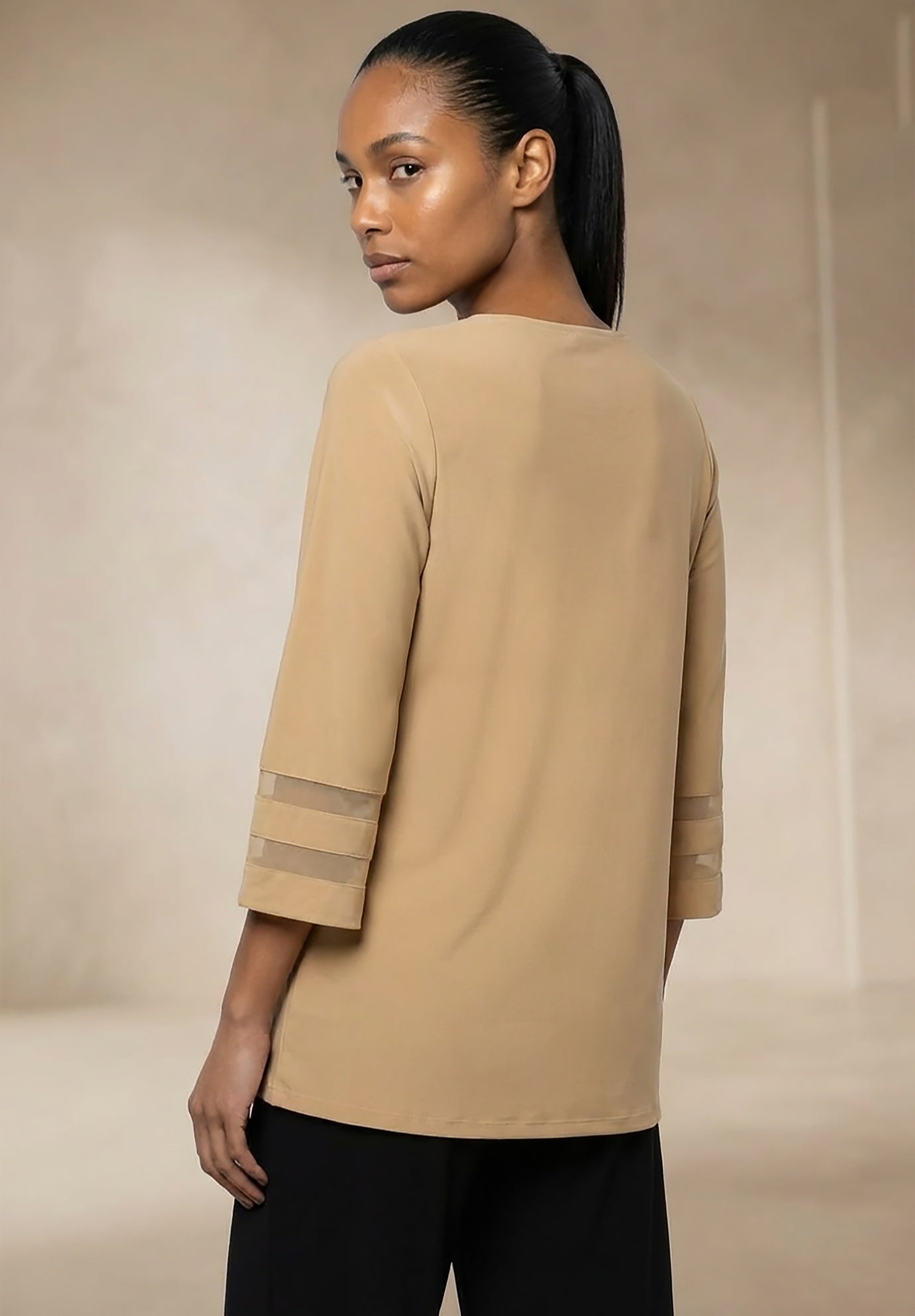 Stretch Knit Mesh Inset Sleeve Tunic image number 1
