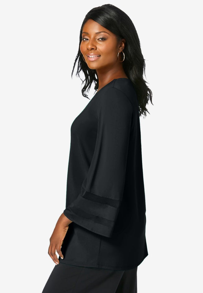 Stretch Knit Mesh Inset Sleeve Tunic image number 2