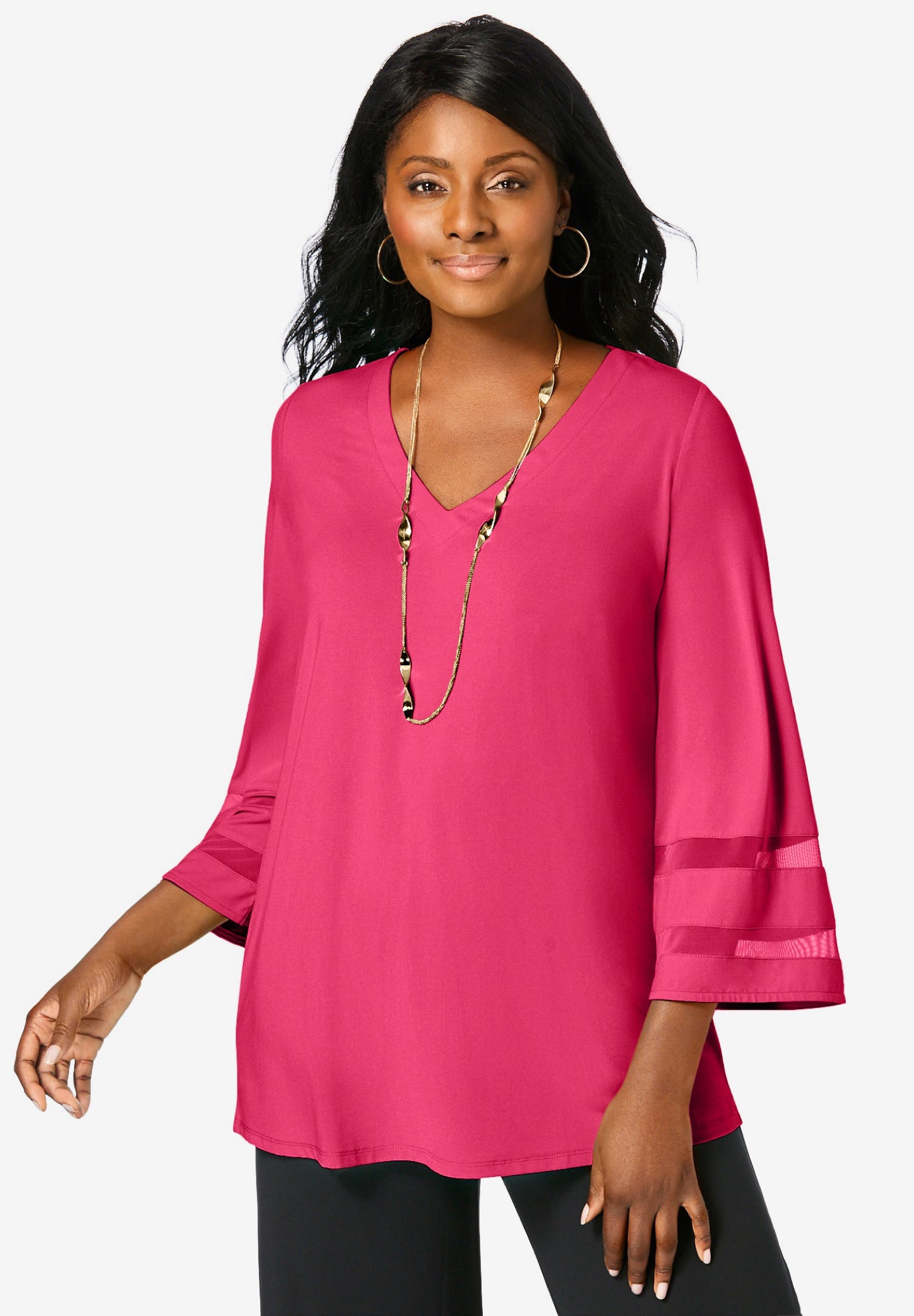 Stretch Knit Mesh Inset Sleeve Tunic image number 0