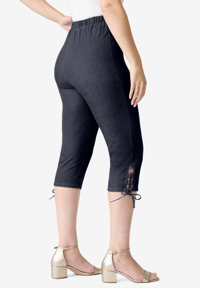 Plus Size Comfort Stretch Lace Up Capri Jean image number 2