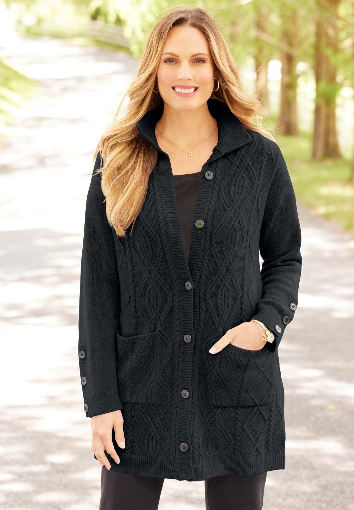 Cashmiracle&trade; Buttonfront Cable Cardigan image number 0