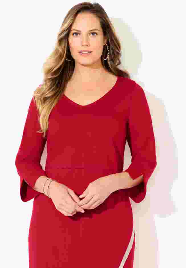 Asymmetrical Bell Sleeve Ponte Dress image number 3