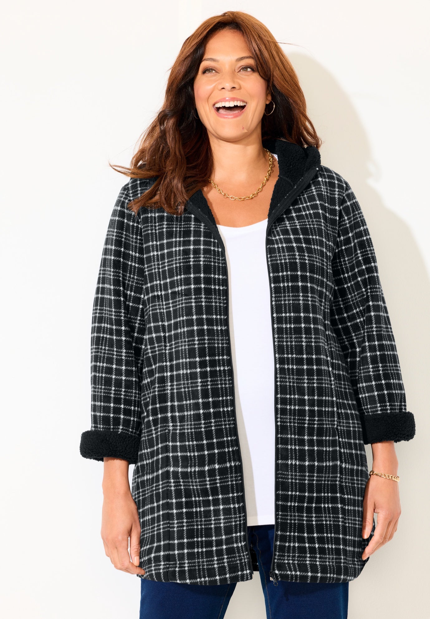 Long Fleece Coat with Sherpa Lining image number 0