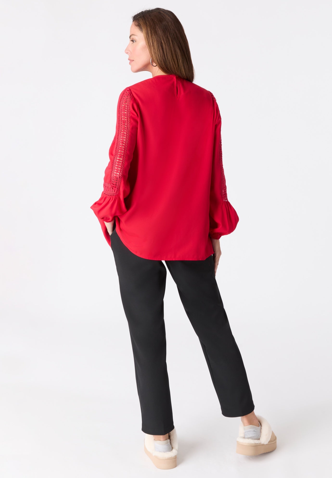 Lace-Trim Blouson-Sleeve Top image number 1