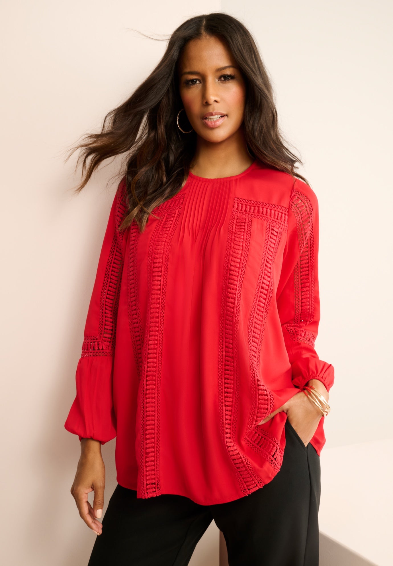 Lace-Trim Blouson-Sleeve Top image number 0