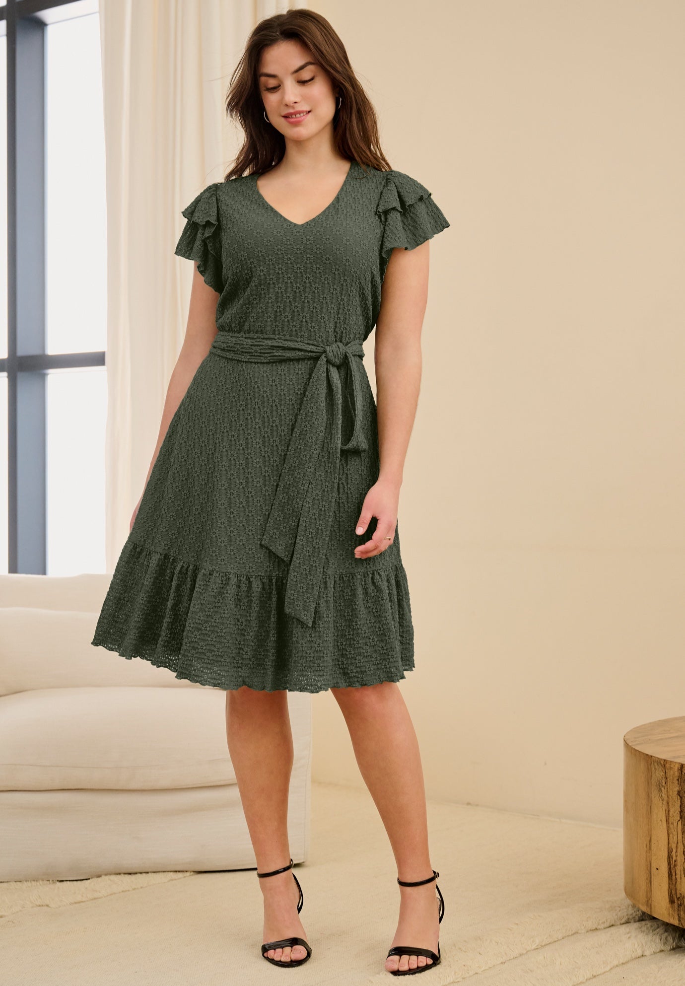 Stretch Knit Tie Waist Ruffle Lace Dress image number 0