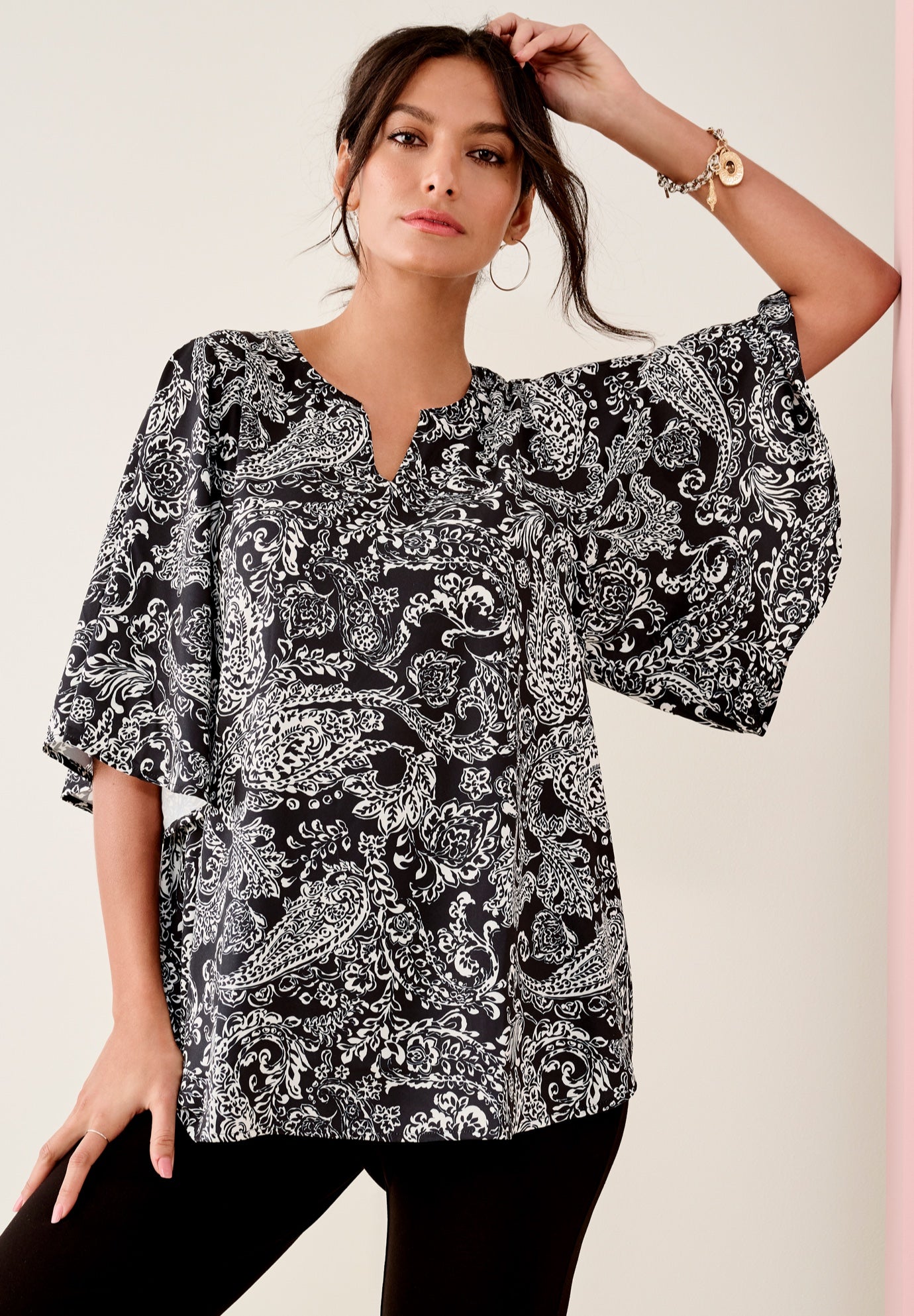 Notch-Neck Flutter-Sleeve Blouse image number 0