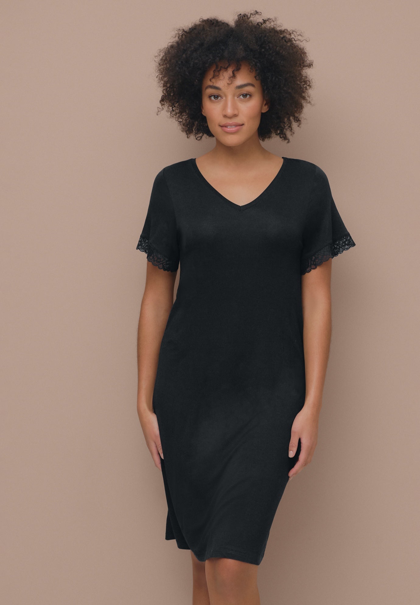 Stretch Knit V-neck Short Sleeve Lace Trim Sleep Shirt image number 0