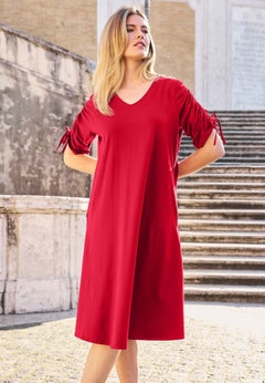 Stretch Cotton Tie Sleeve Midi Dress