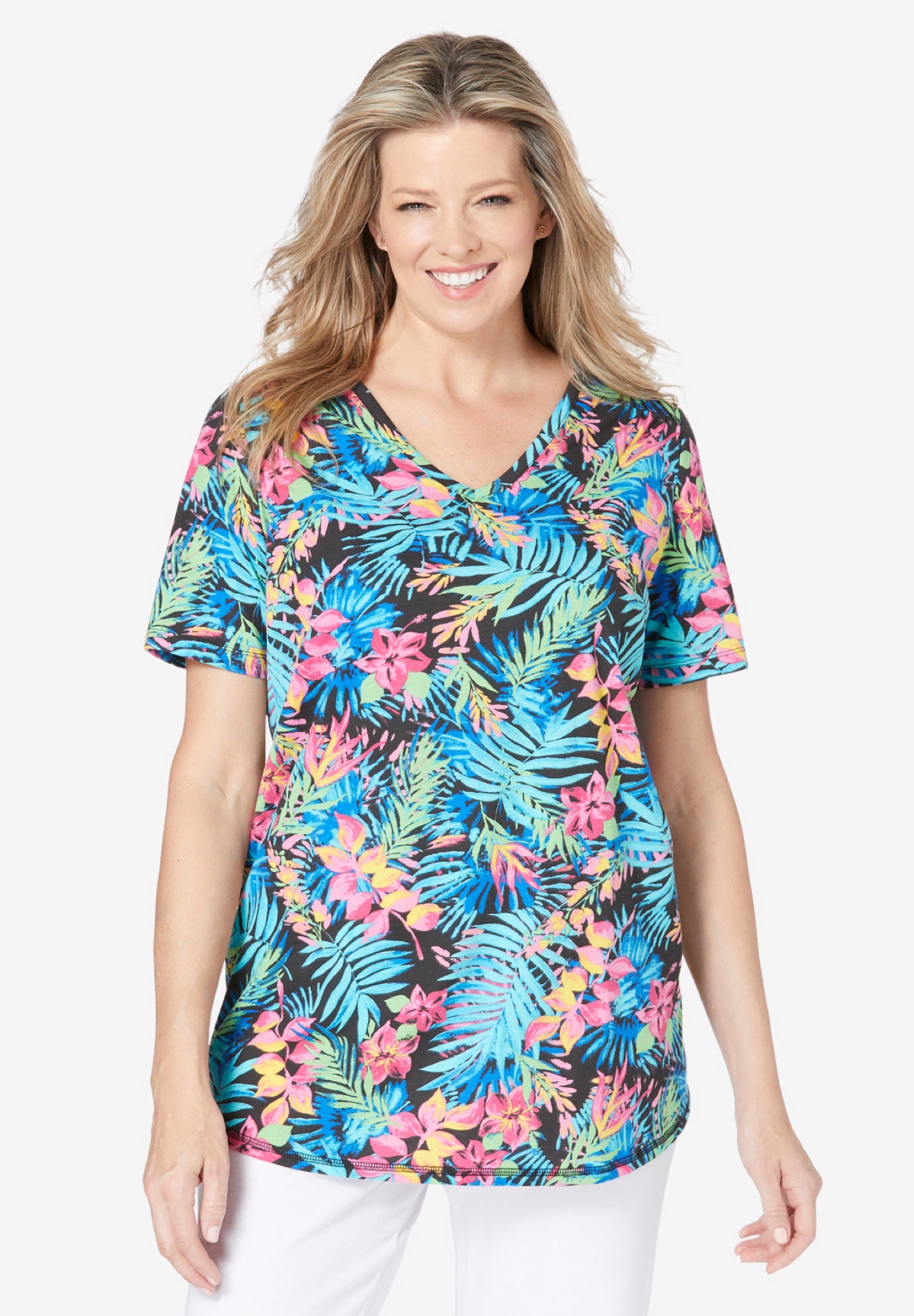 Short-Sleeve V-Neck Shirred Tee image number 1