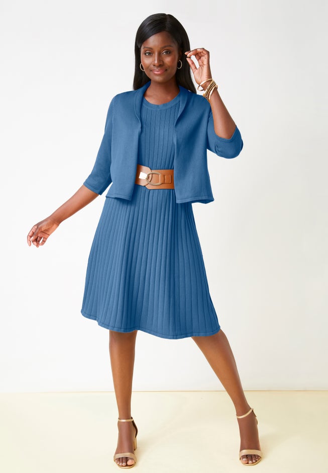 fit and flare jacket dress Roaman's Women's Plus Size Elbow Sleeve Fit-and-Flare Dress with Bolero Jacket 2-Piece Suit