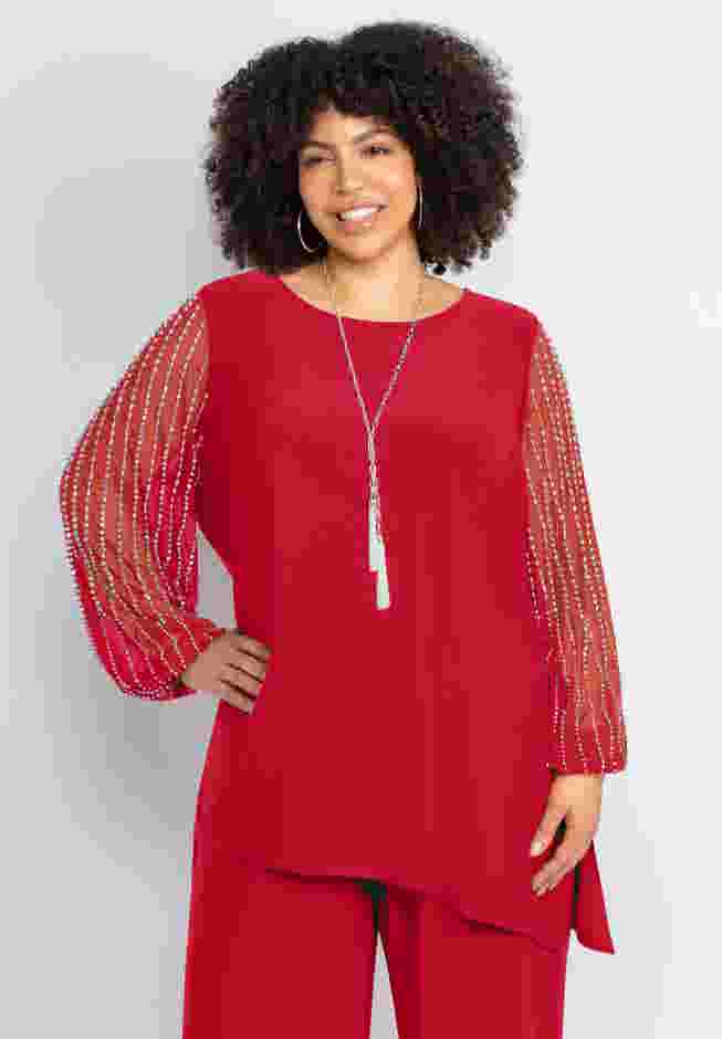 2-Piece Beaded Mesh Sleeve Pant Set image number 2