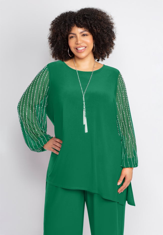 2-Piece Beaded Mesh Sleeve Pant Set image number 2