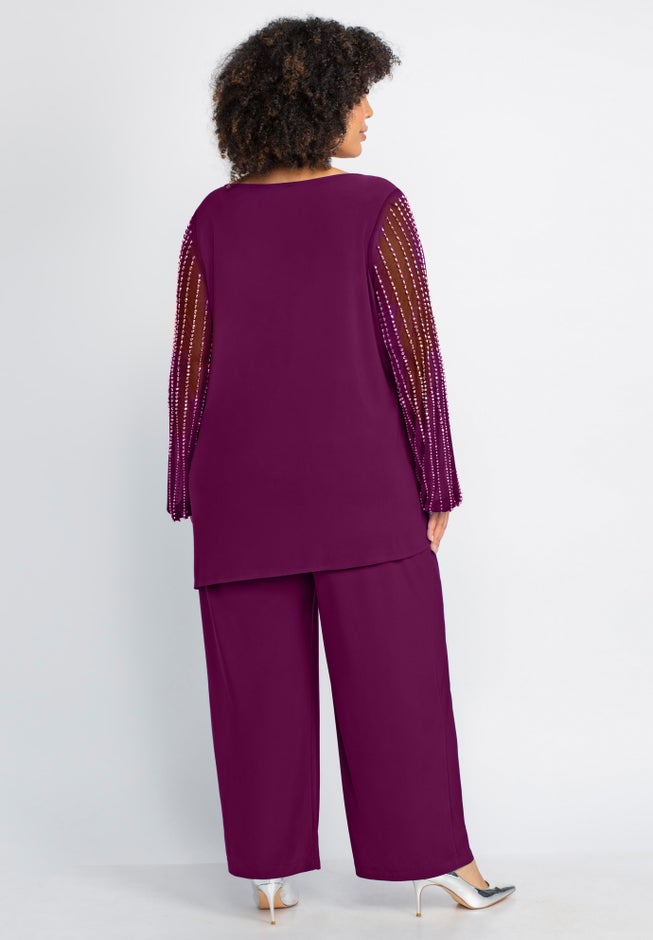 2-Piece Beaded Mesh Sleeve Pant Suit image number 1