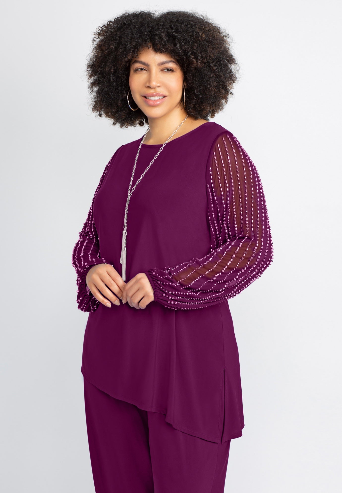 2-Piece Beaded Mesh Sleeve Pant Suit image number 2