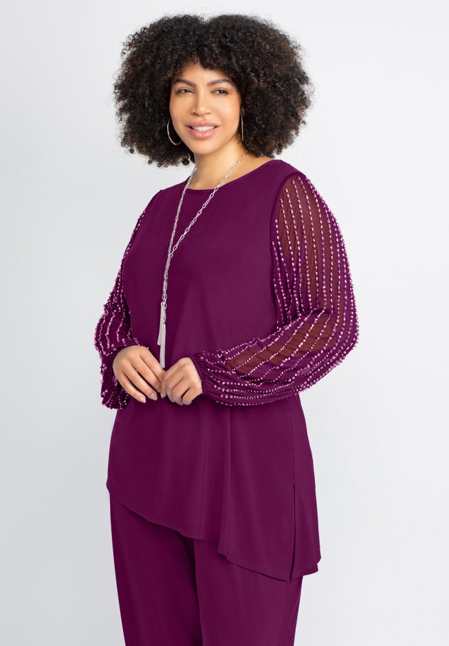 2-Piece Beaded Mesh Sleeve Pant Suit image number 2