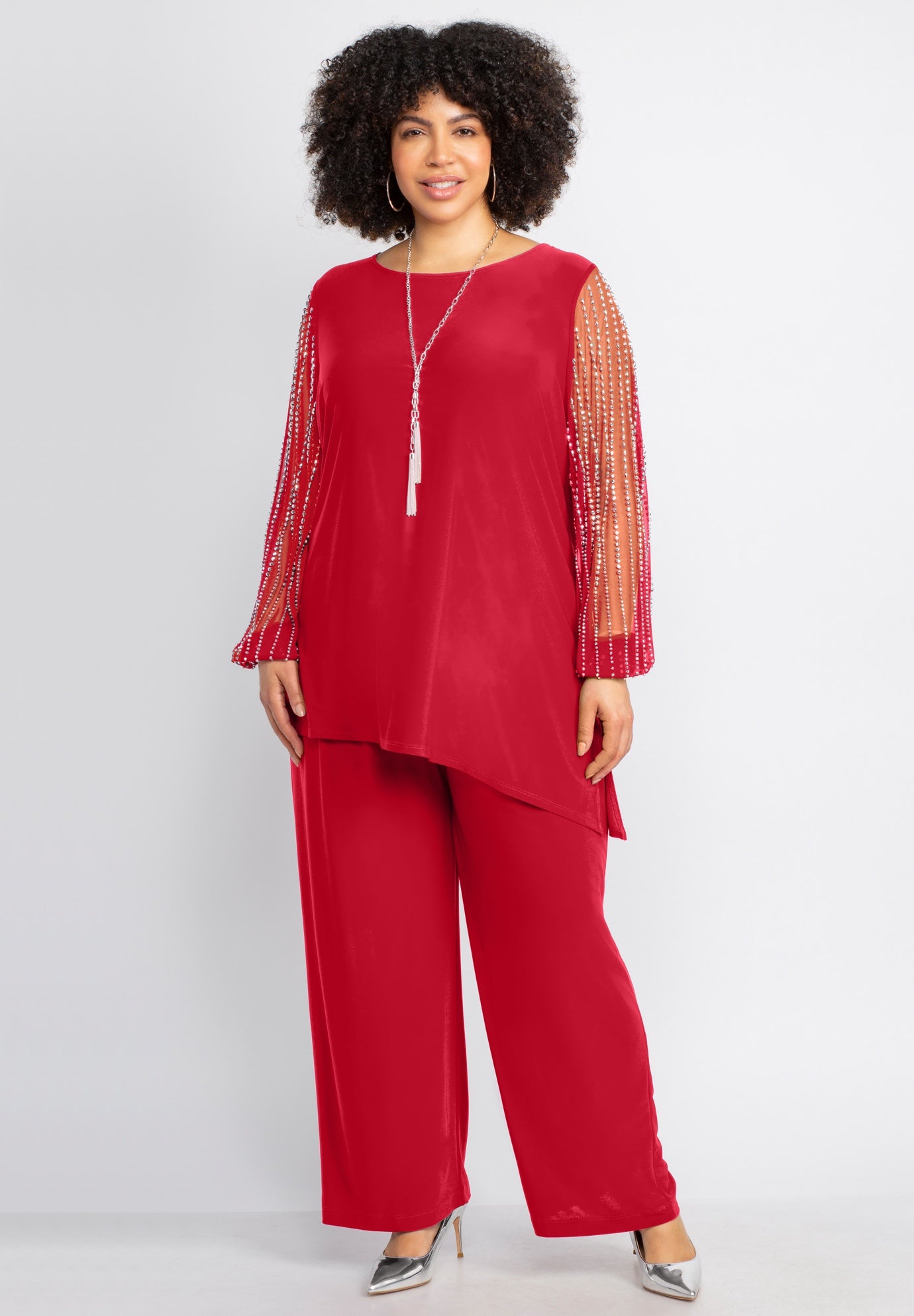 2-Piece Beaded Mesh Sleeve Pant Set image number 0