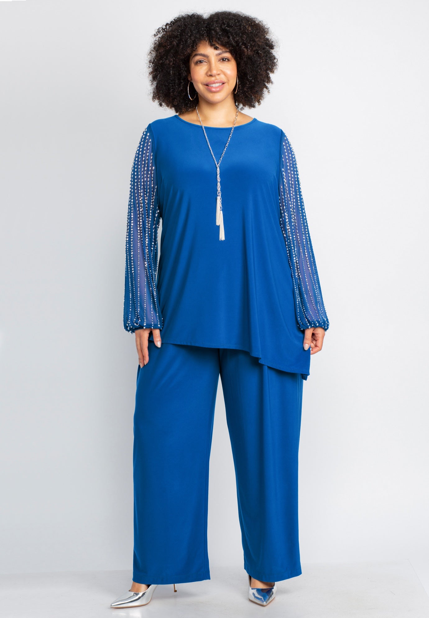 2-Piece Beaded Mesh Sleeve Pant Suit image number 0