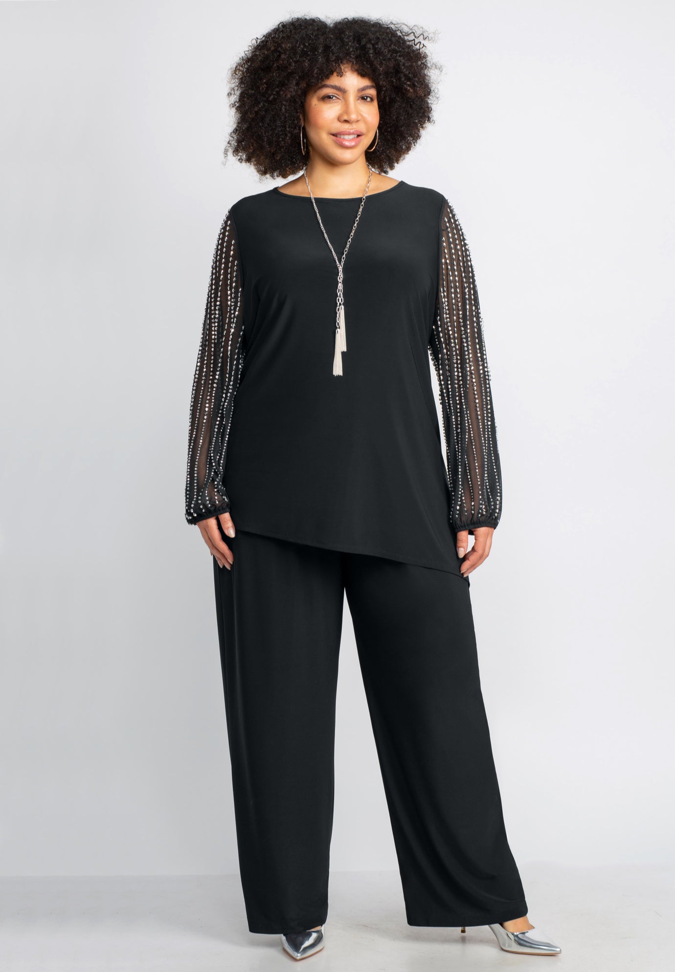 2-Piece Beaded Mesh Sleeve Pant Set image number 0