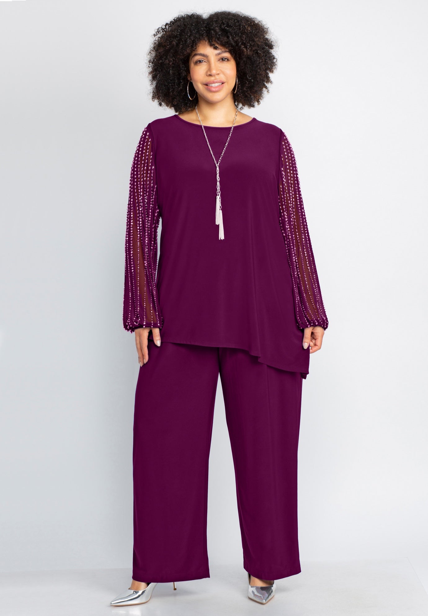 2-Piece Beaded Mesh Sleeve Pant Suit image number 0