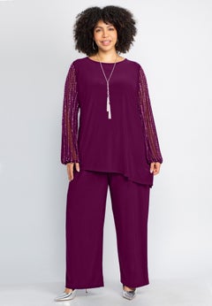 2-Piece Beaded Mesh Sleeve Pant Suit