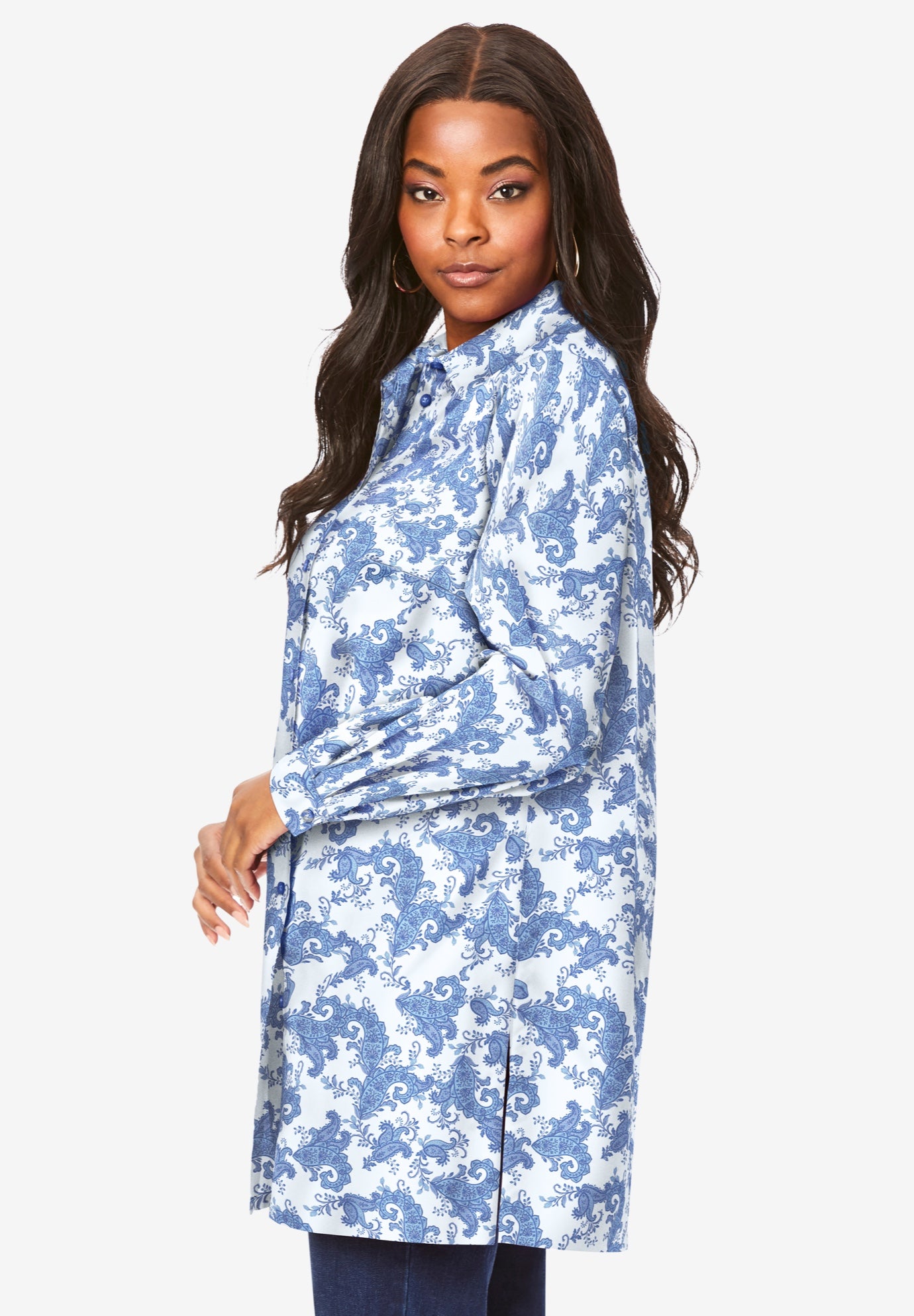 Kate Long-Sleeve Crisp Cotton-Blend Button-Front Tunic image number 2