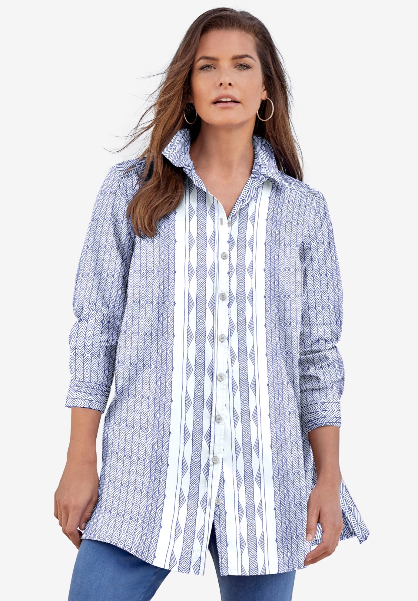 Kate Long-Sleeve Crisp Cotton-Blend Button-Front Tunic image number 0