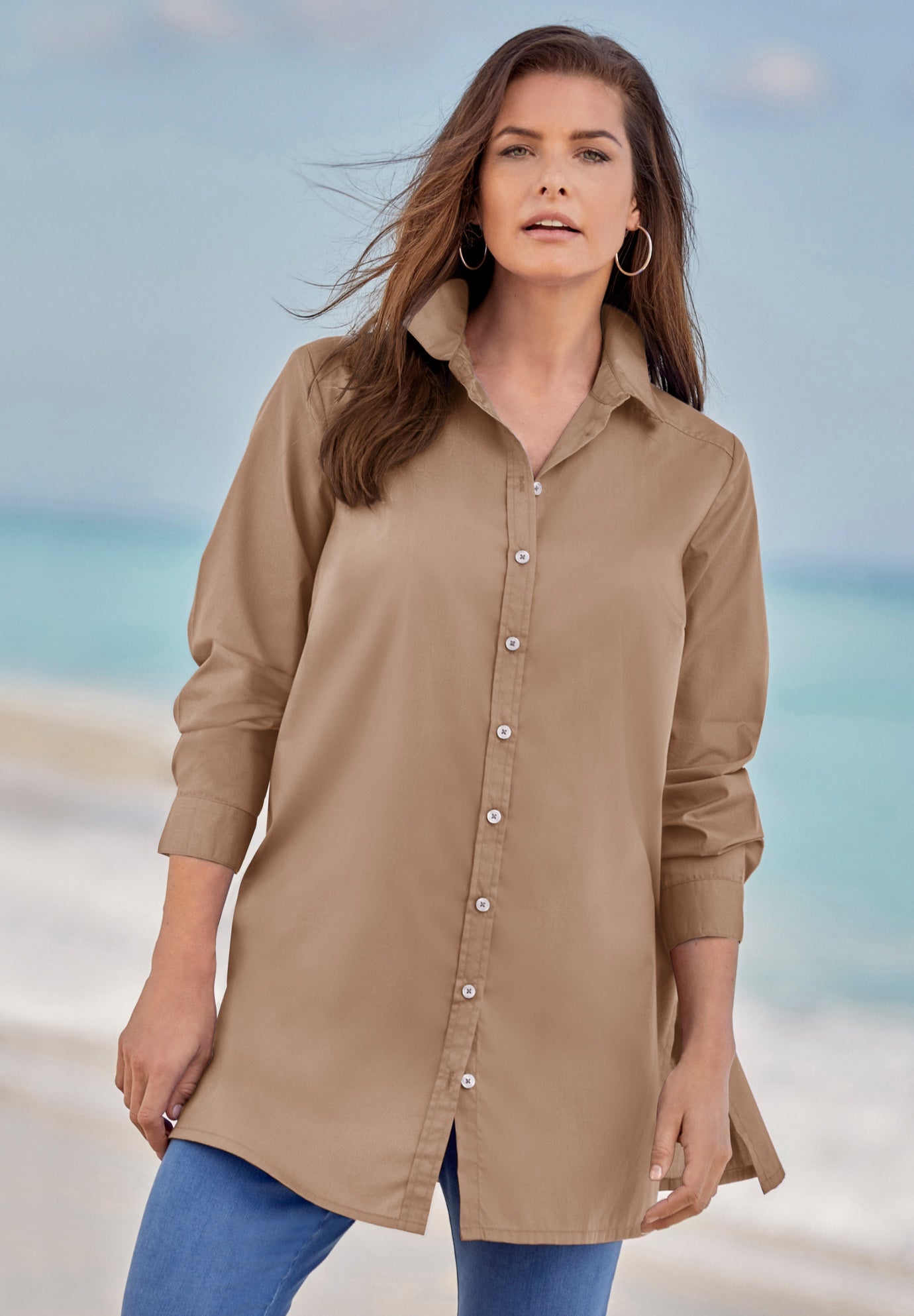 Kate Long-Sleeve Crisp Cotton-Blend Button-Front Tunic image number 0