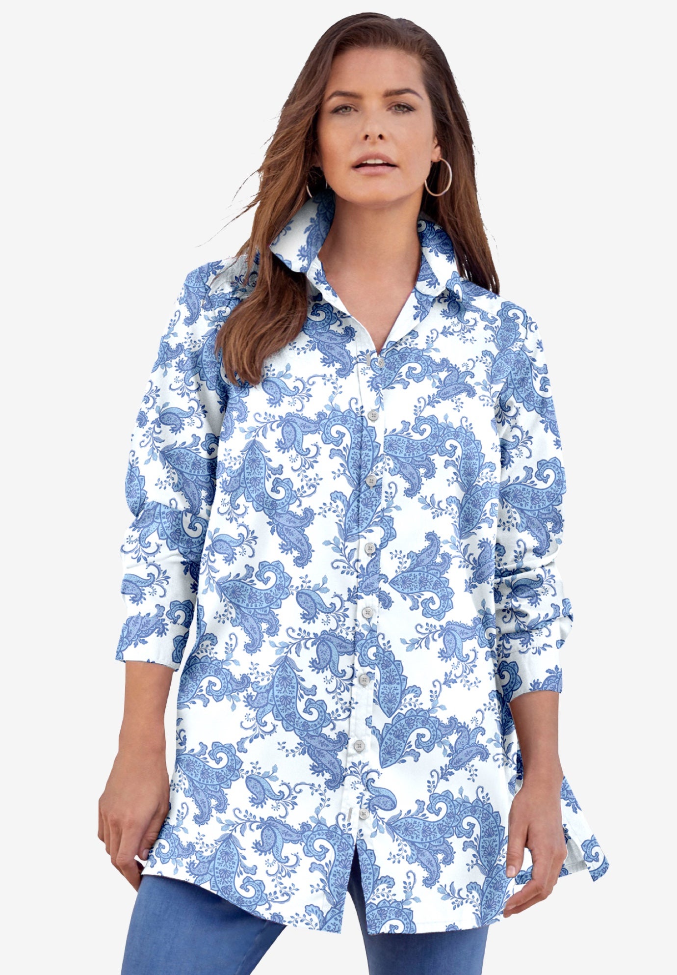 Kate Long-Sleeve Crisp Cotton-Blend Button-Front Tunic image number 0