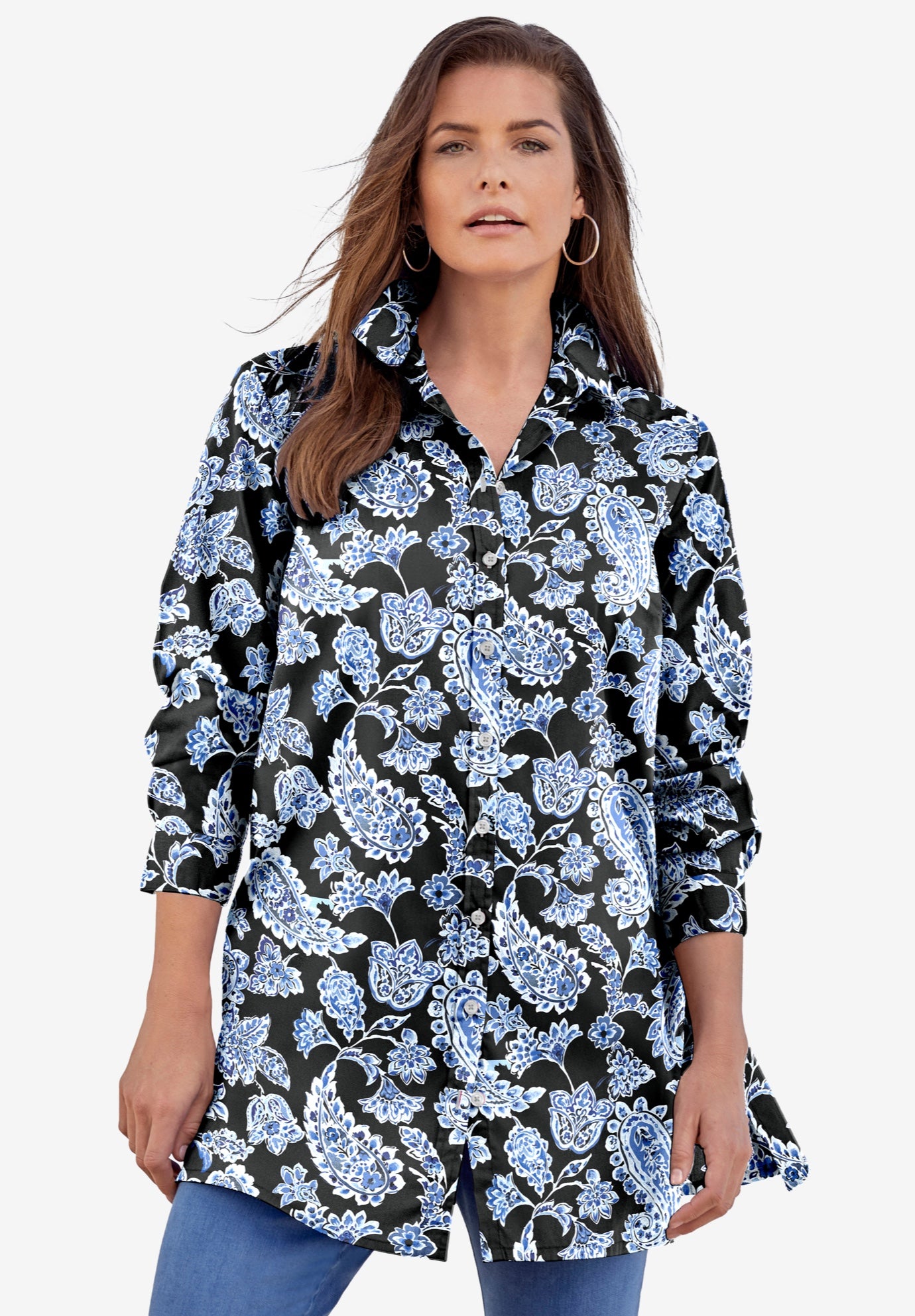 Kate Long-Sleeve Crisp Cotton-Blend Button-Front Tunic image number 1