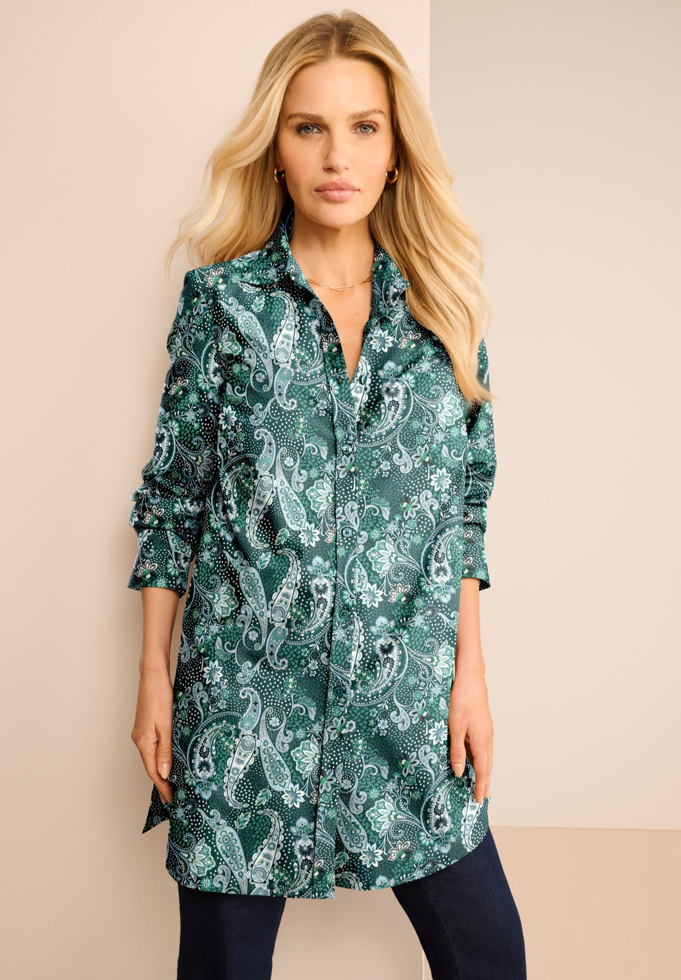 Kate Long-Sleeve Crisp Cotton-Blend Button-Front Tunic image number 0