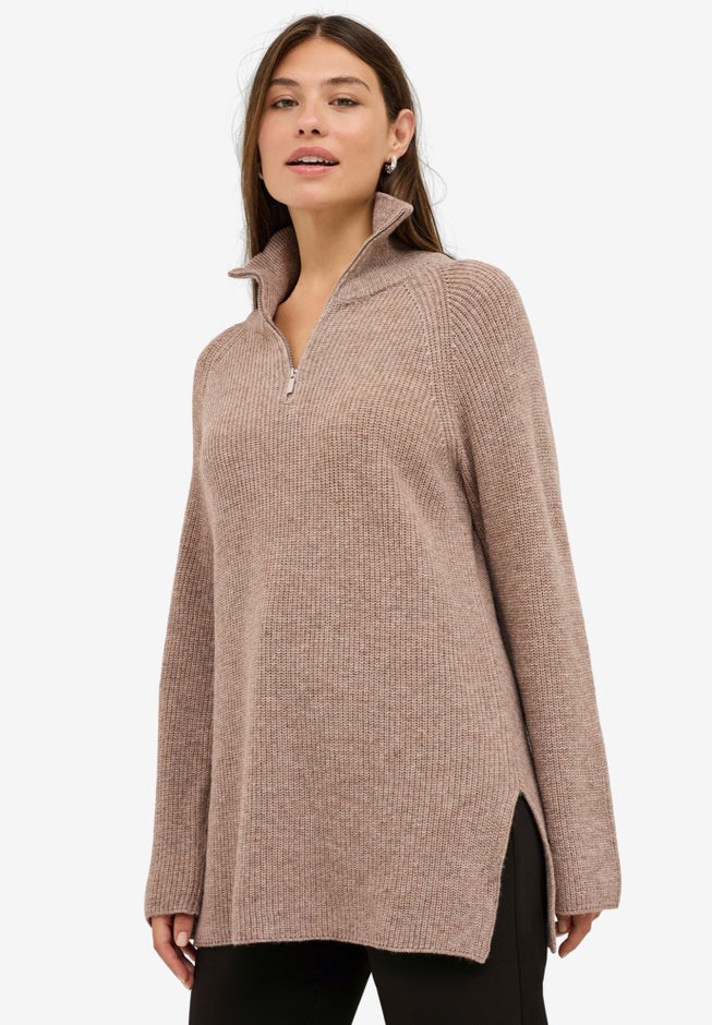 &frac14; Zip Sweater Tunic With Side Slits image number 2