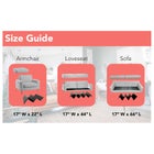 Size Guide with three furniture items (Armchair, Loveset, Sofa) and dimensions 17” W x 22” L etc.