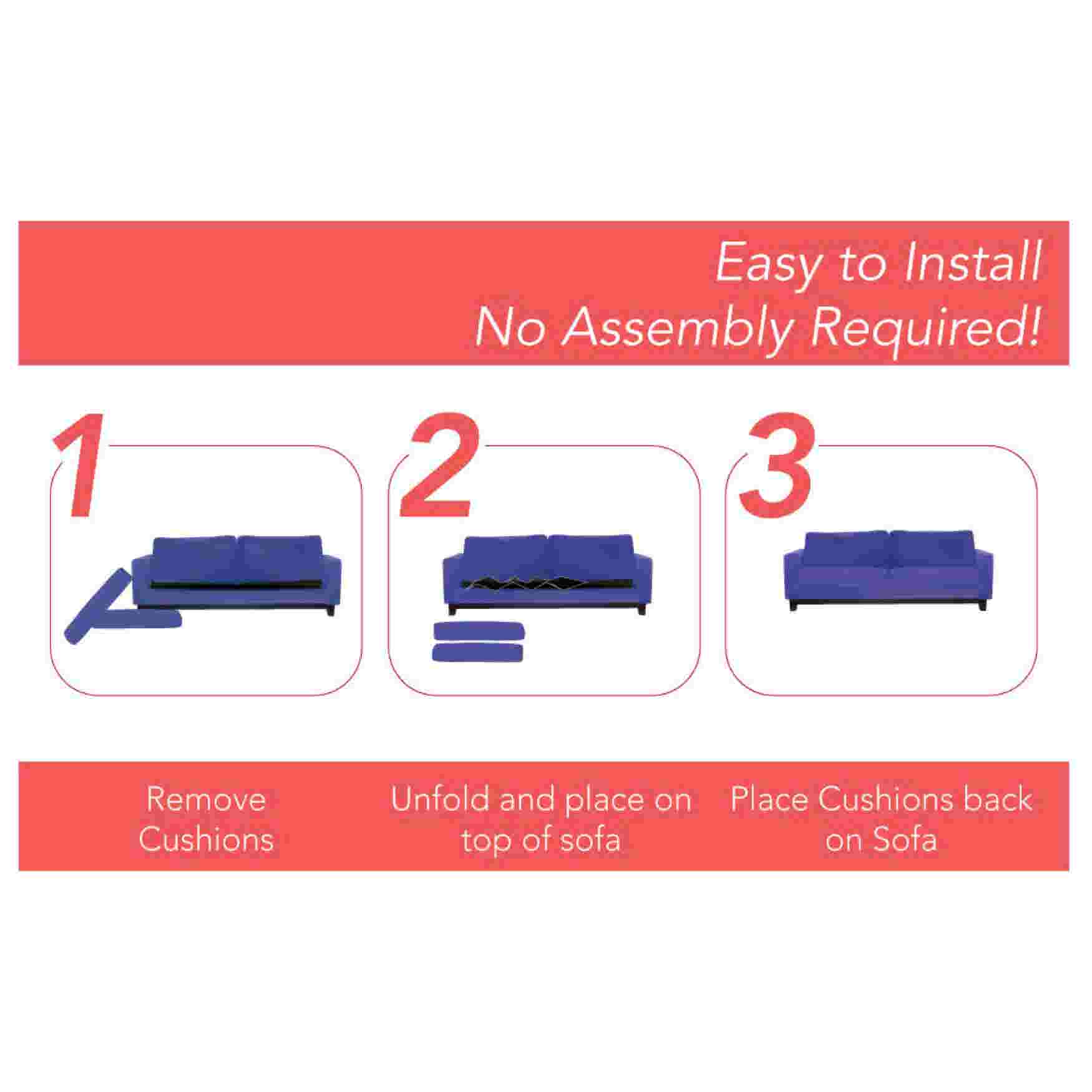 An easy-to-install guide for a sofa cushion support with three steps.