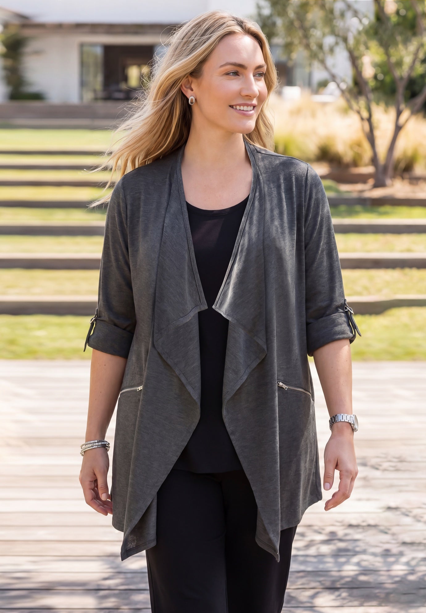 Cloud Knit French Terry Drape Front Cardigan image number 0